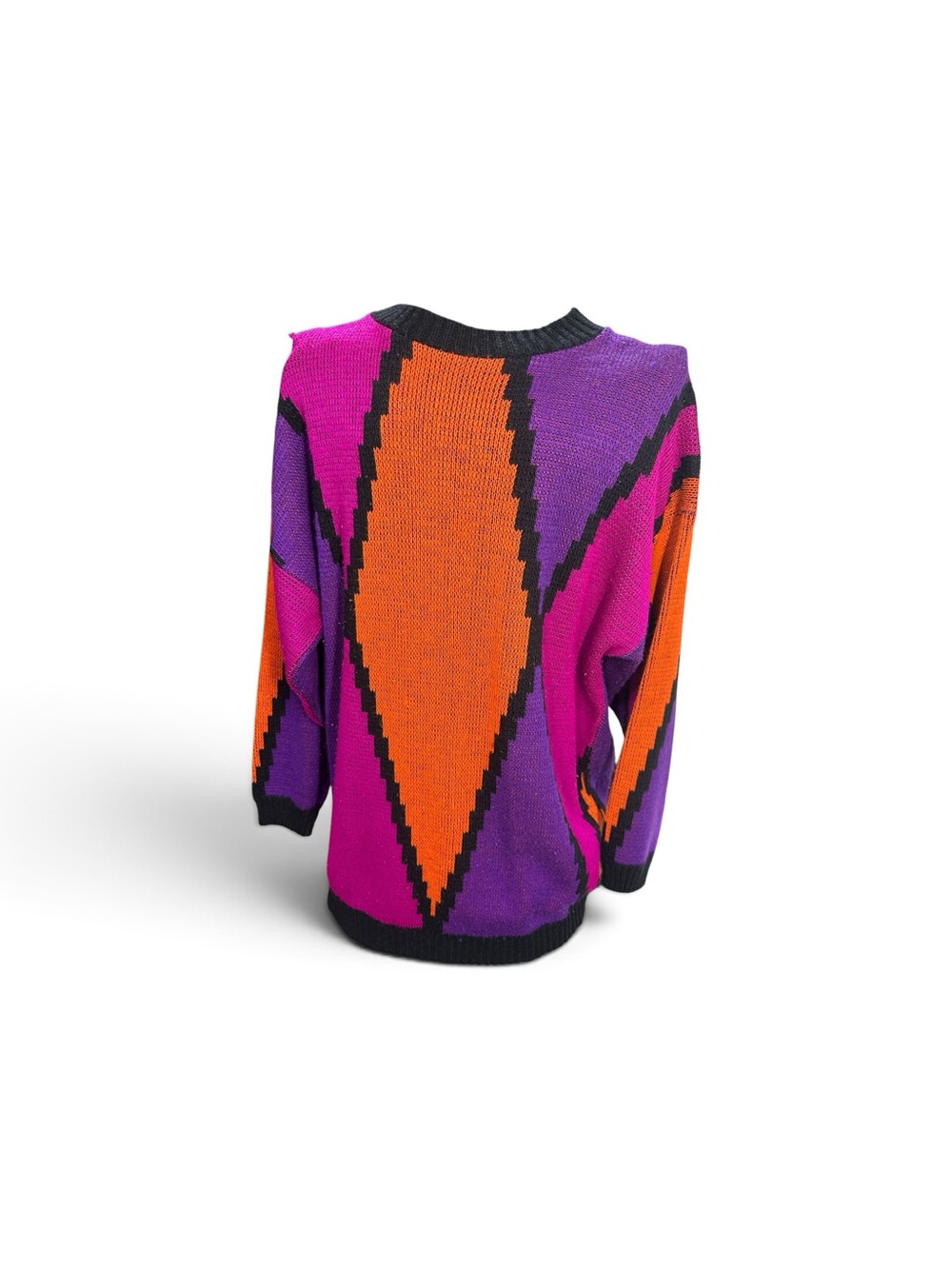 Vintage 80s Retro Geometric Diamond Colorblock Knit Sweater Pink Purple